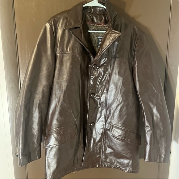 Vintage Genuine Leather Jacket Chocolate Brown Button Up Faux Fur Lining - Picture 1 of 9